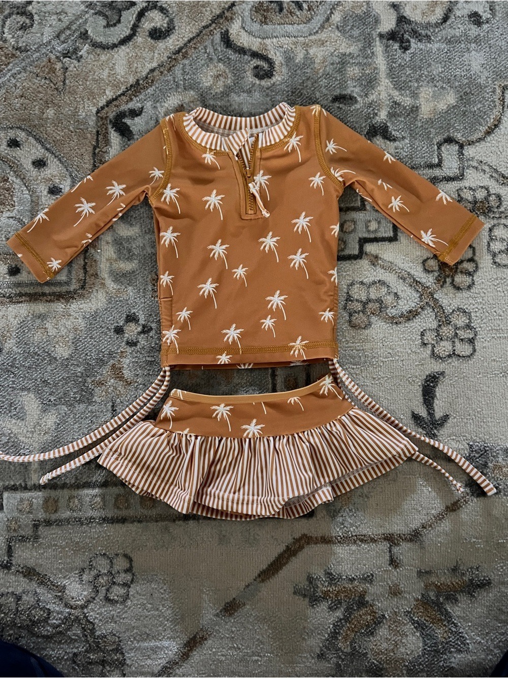 Caden Lane Brown Palm-Print Rashguard Swim Set with Striped Skirt